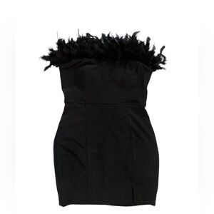 Elegant Black Shimmer Strapless Mini Dress with Ostrich Feather Trim M